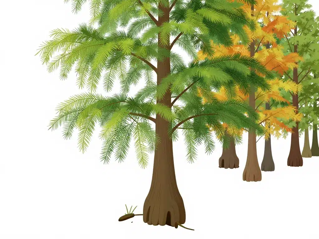 Cyprès chauve tronc élancé feuillage genoux racines