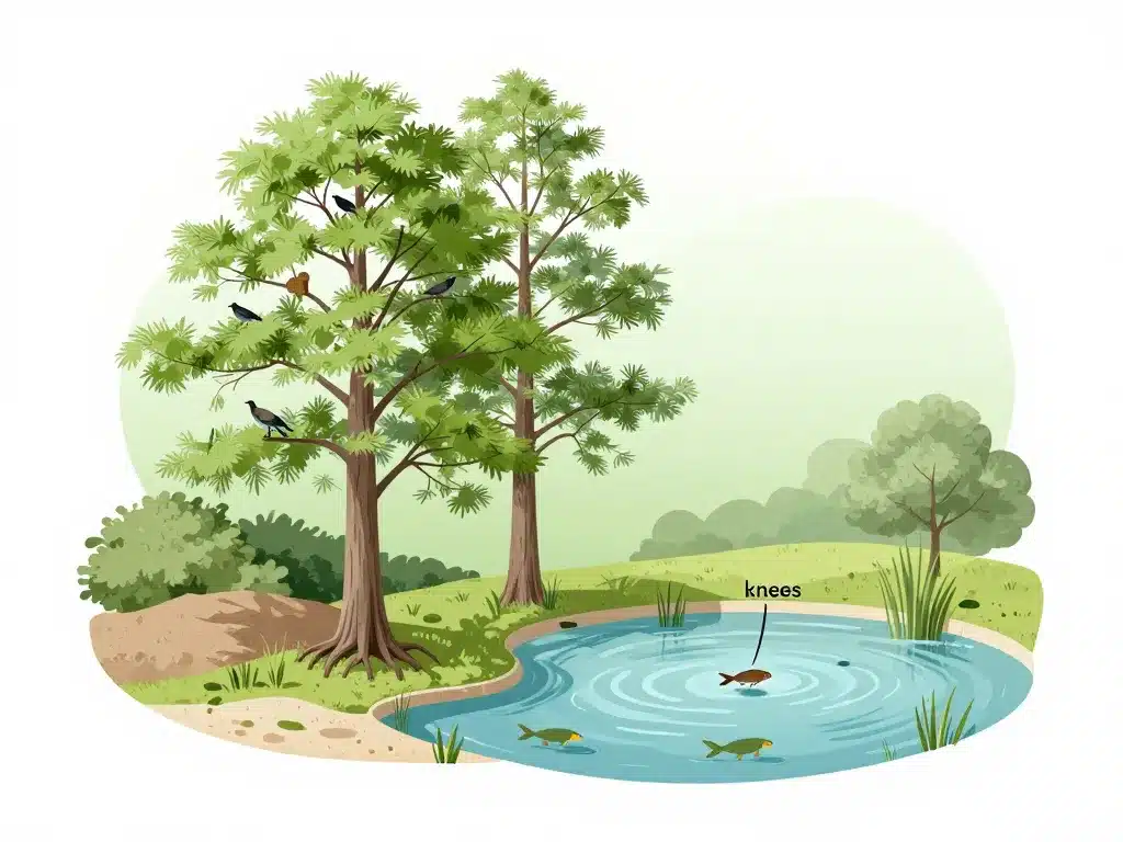 Cyprès chauve jardin biodiversité racines oiseaux plan d’eau