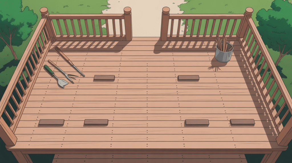 Vue de dessus espace entre lame de terrasse bois avec outils