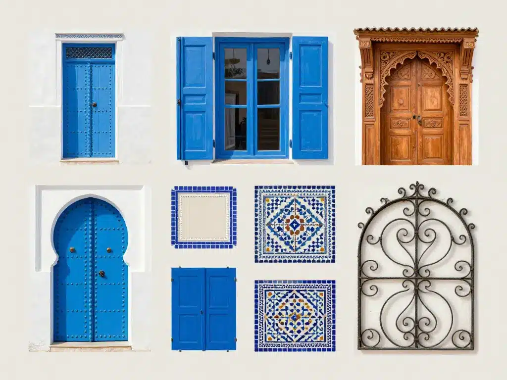 décoration maison tunisienne : porte colorée, zellige, fer forgé et bois sculpté