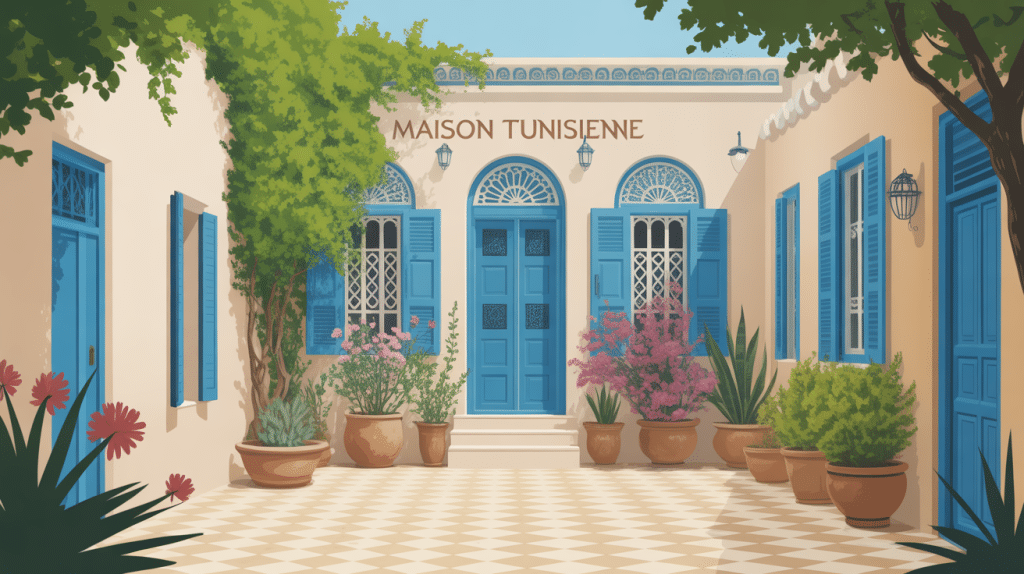 maison tunisienne traditionnelle avec patio central fleuri, murs blancs et porte bleue