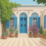 maison tunisienne traditionnelle avec patio central fleuri, murs blancs et porte bleue