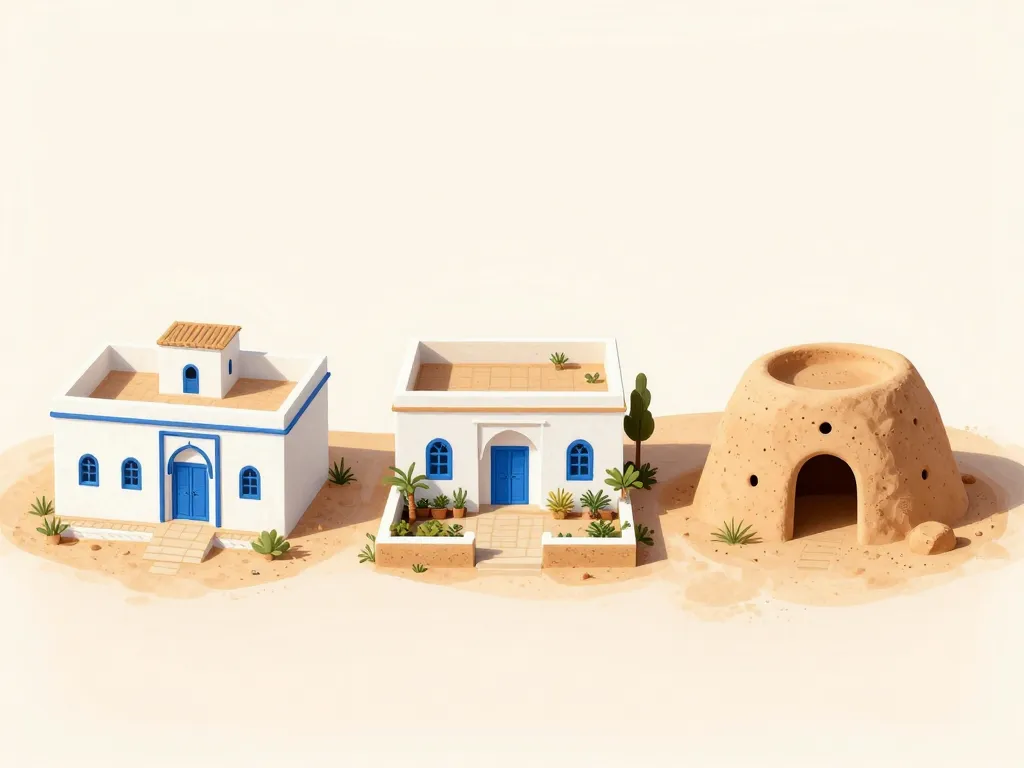 maisons tunisiennes régionales : médina, campagne, troglodyte exposées côte à côte