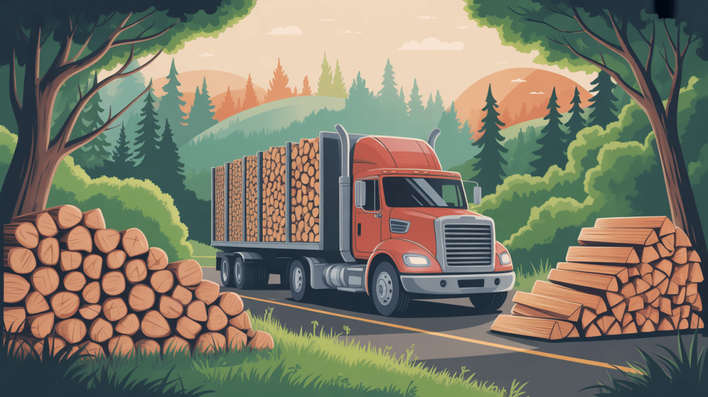 prix d'un semi remorque de bois de chauffage en 2m camion et bois empilés