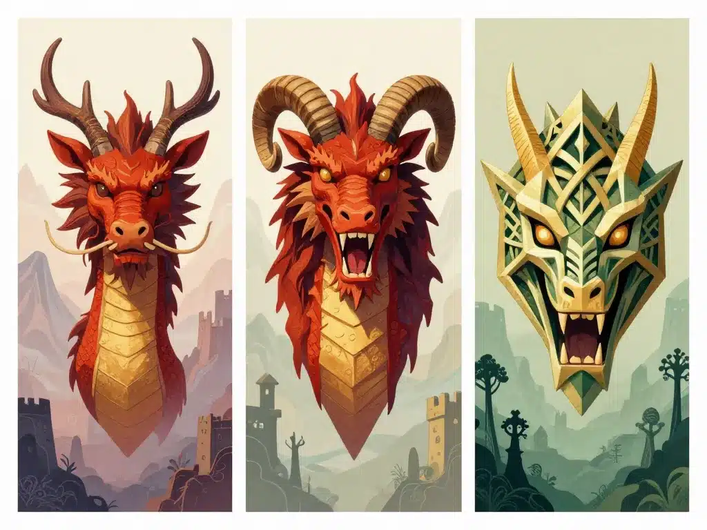trois têtes de dragon asiatique européen celtique