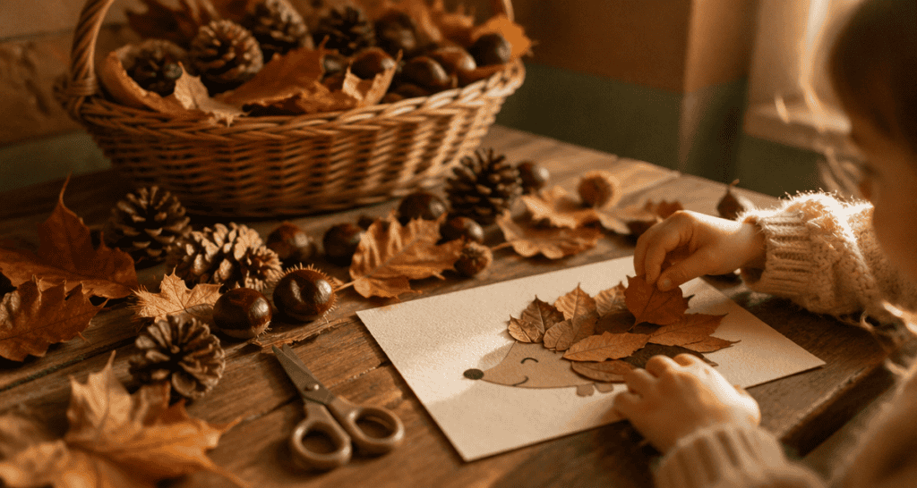 bricolage automne maternelle avec feuilles et pommes de pin