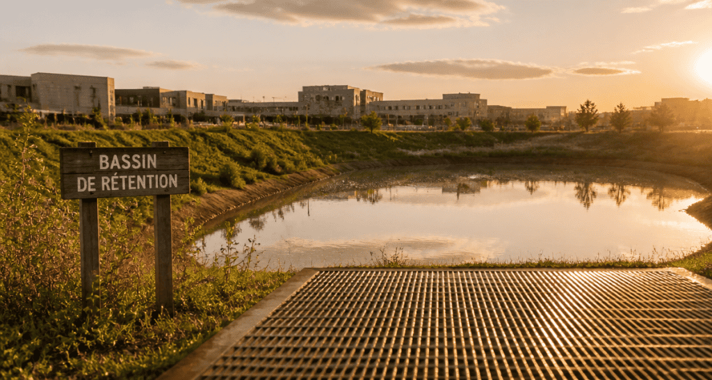 bassin de rétention en périphérie urbaine au coucher du soleil