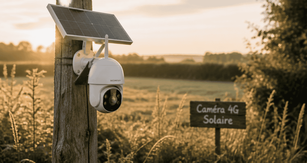caméra 4g solaire installée sur poteau champ