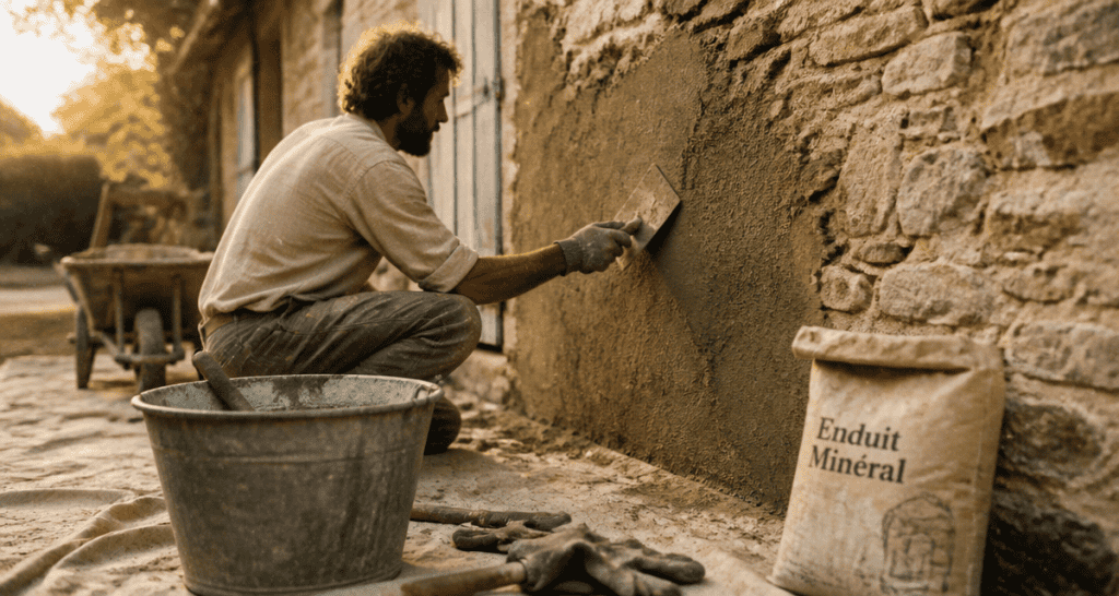 Artisan applique chaux enduit sur mur
