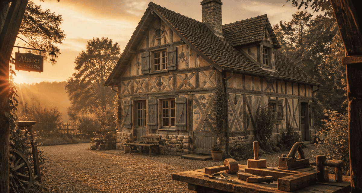 colombage maison typique pans bois taupe vert