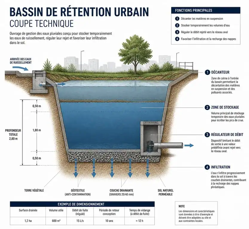 Schéma technique en coupe d'un bassin de rétention des eaux pluviales