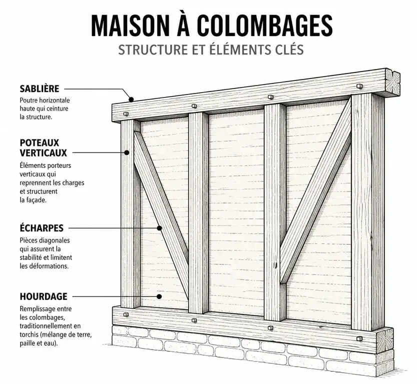 Schéma technique de la structure d'une maison à colombages