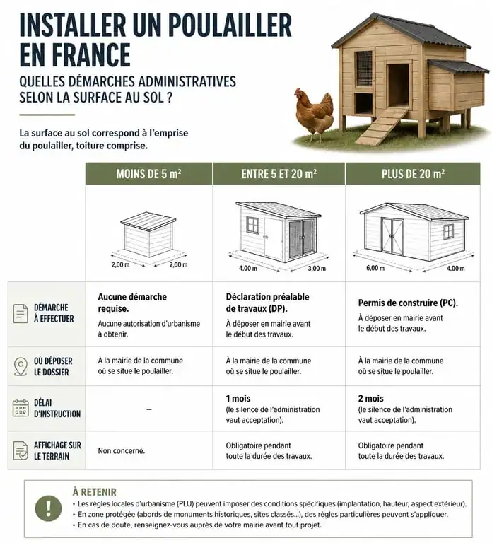 Infographie des démarches administratives pour l'installation d'un poulailler en France selon la surface