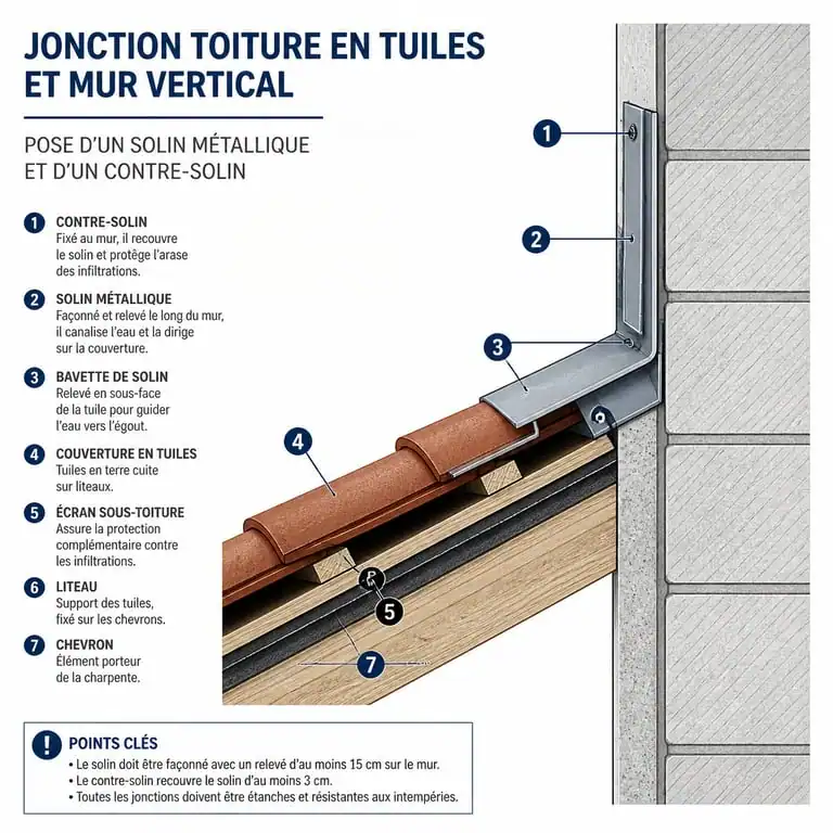 Schéma technique de l'étanchéité d'un toit contre un mur avec solin