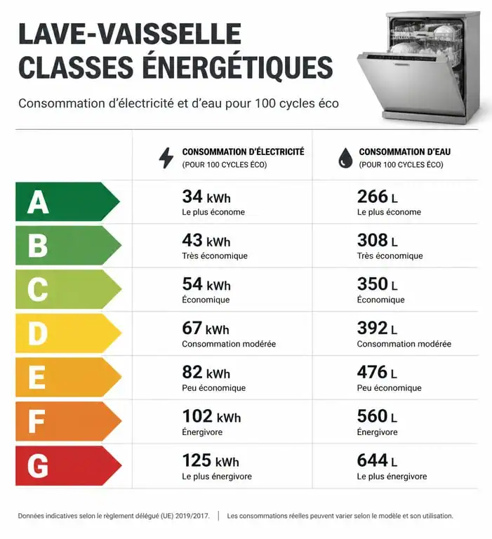 Infographie comparative des classes énergétiques de lave-vaisselle de A à G