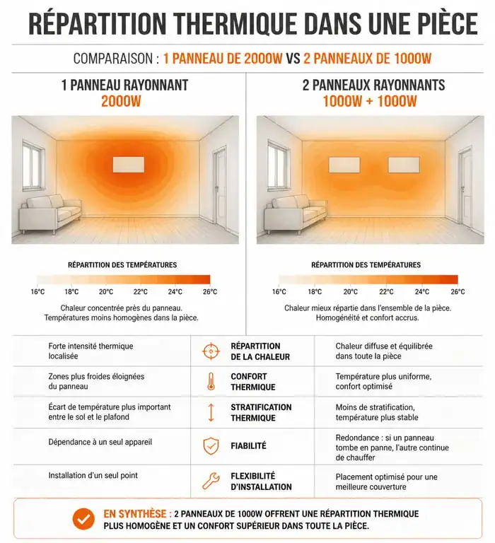 Comparatif visuel entre un panneau rayonnant 2000W et deux radiateurs 1000W pour le chauffage