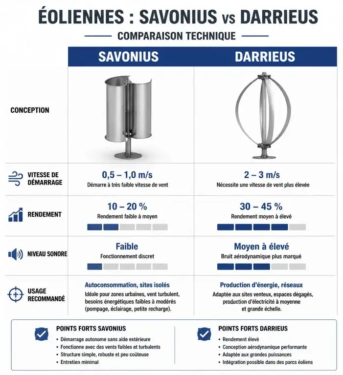 Infographie comparative des éoliennes verticales Savonius et Darrieus pour choisir son éolienne verticale