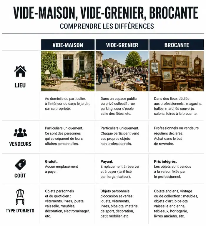 Comparatif des types de ventes d'occasion : vide-maison, vide-grenier et brocante en Indre-et-Loire