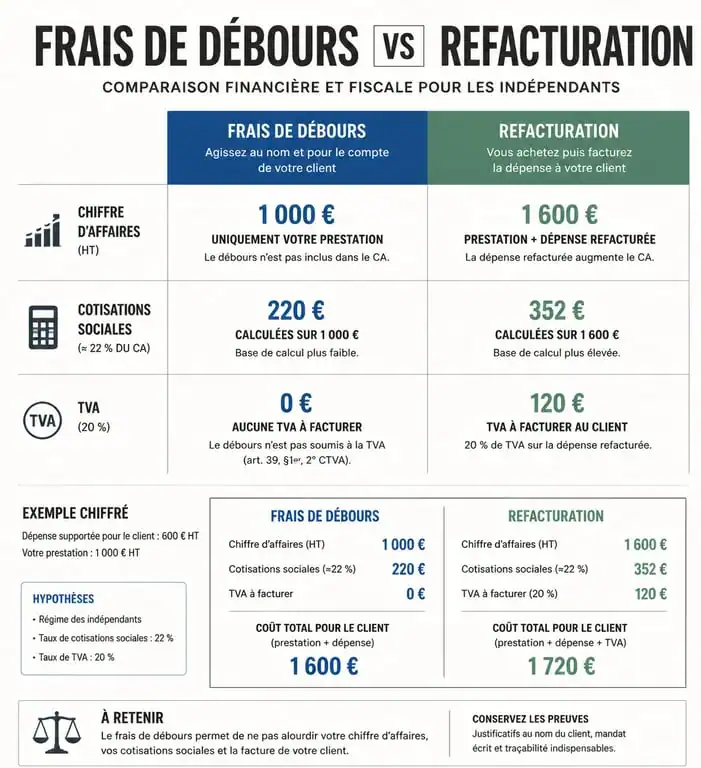 Infographie comparative frais de débours vs refacturation pour auto-entrepreneur