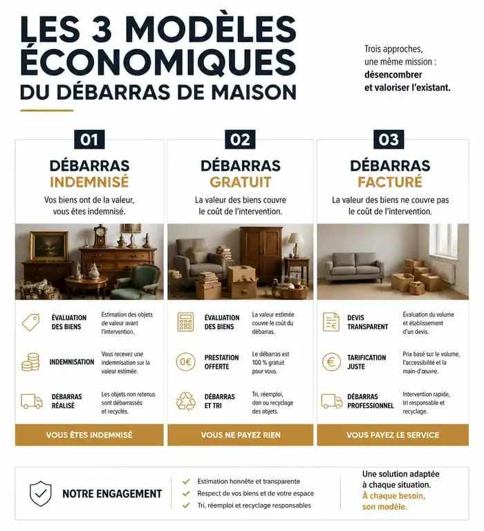 Infographie des trois formules de débarras maison : indemnisé, gratuit et facturé