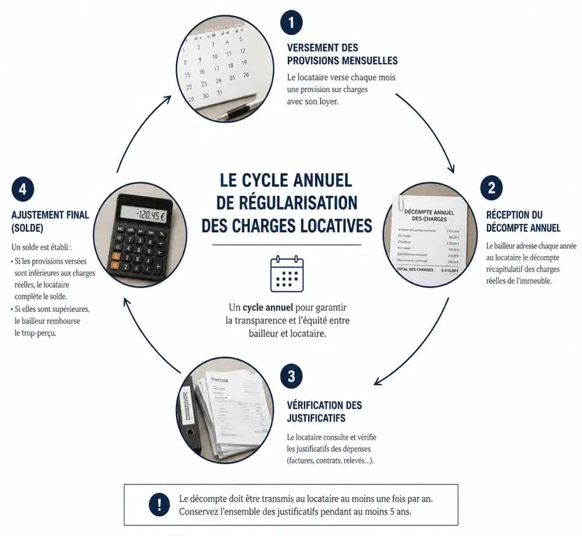 Infographie du processus de régularisation des charges locatives annuelles
