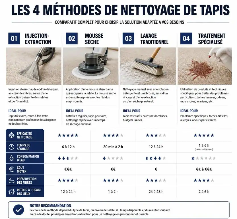 Infographie comparative des méthodes de nettoyage professionnel pour tapis selon la matière et le type de textile