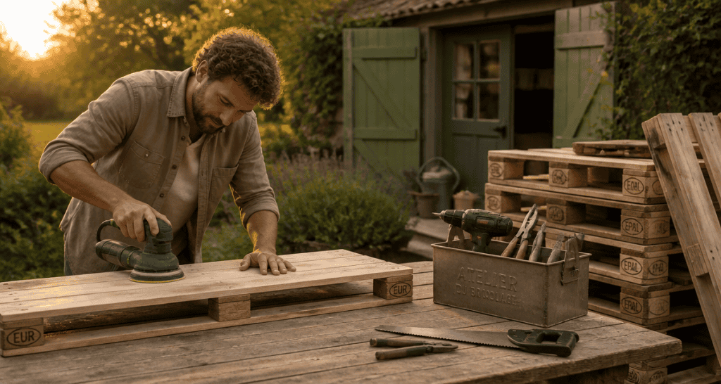 fabriquer meuble palette ponçage planche outils