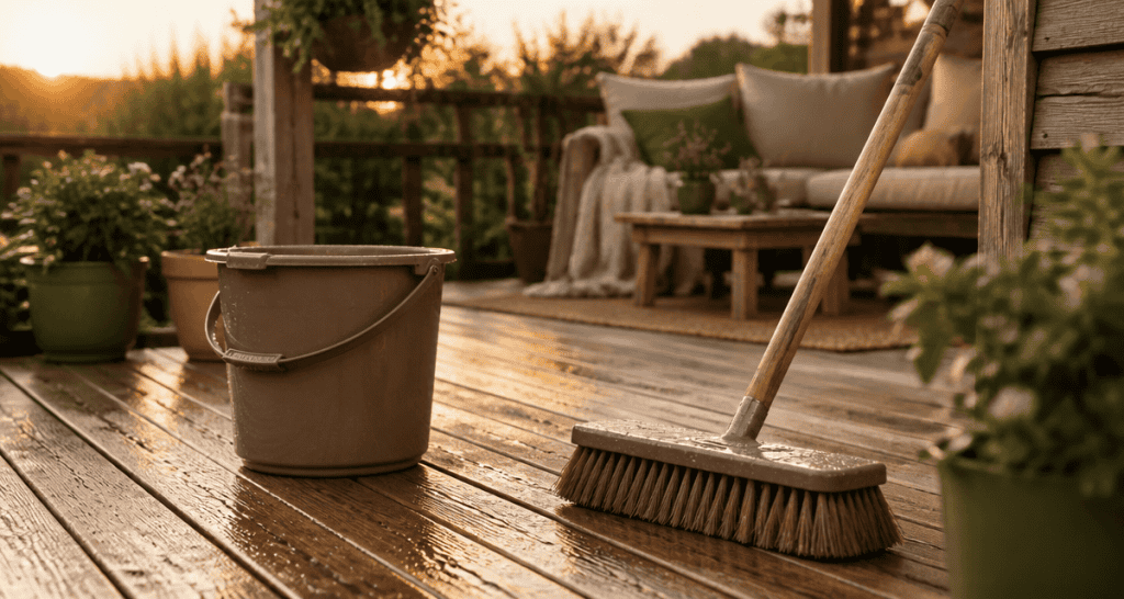 nettoyage terrasse bois savon noir avec balai et seau