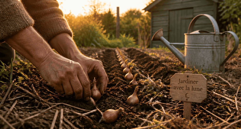 Quand planter les échalotes avec la lune, mains plantant caïeux au potager