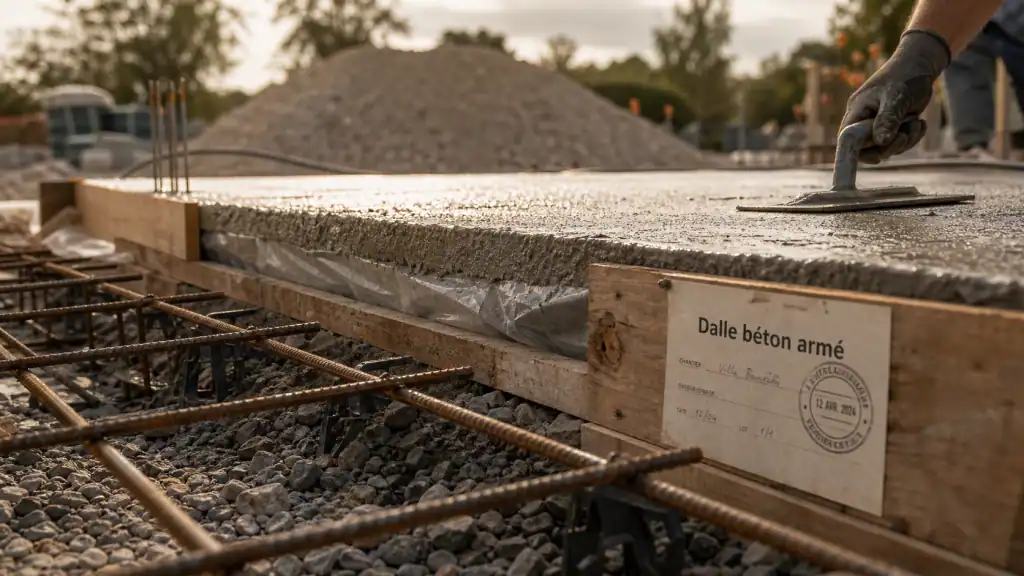 Dalle en béton armé sur chantier : portée 6 m