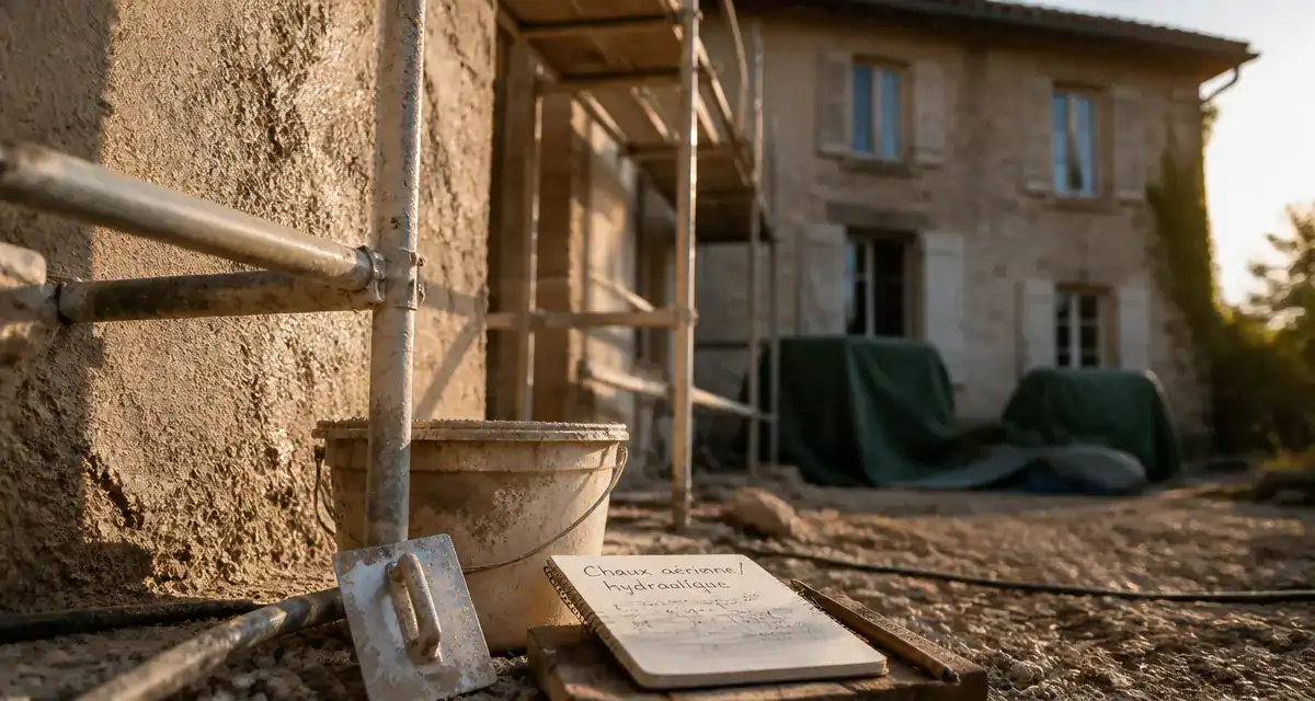 Enduit à la chaux facade en cours d’application sur façade