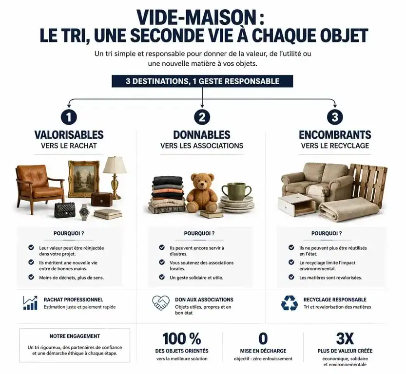 Infographie du processus de tri et valorisation pour un vide maison à Limoges