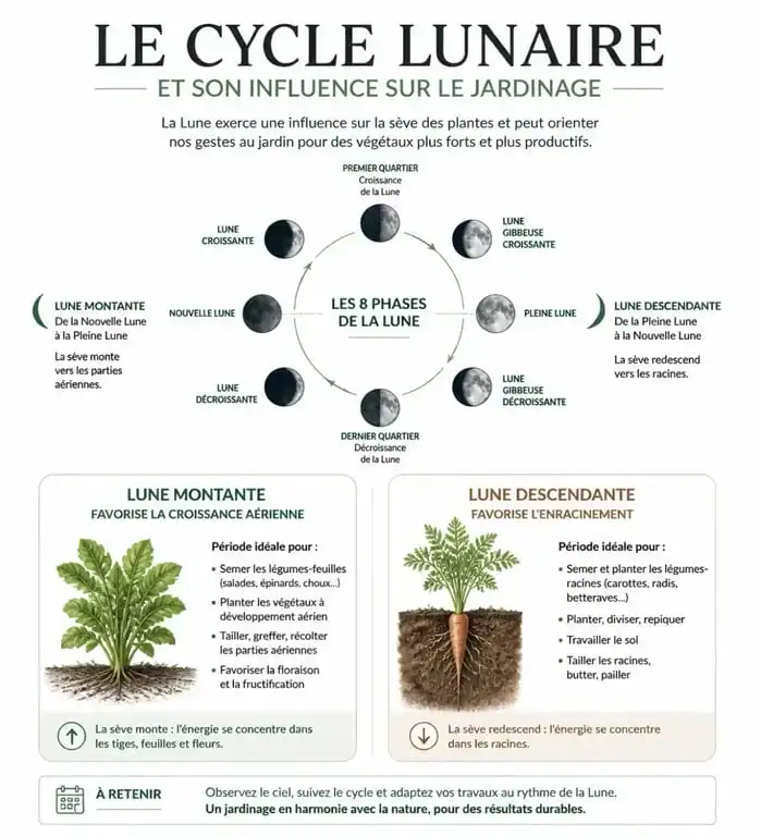 Infographie expliquant l'influence de la lune sur le semis des petits pois et le jardinage lunaire