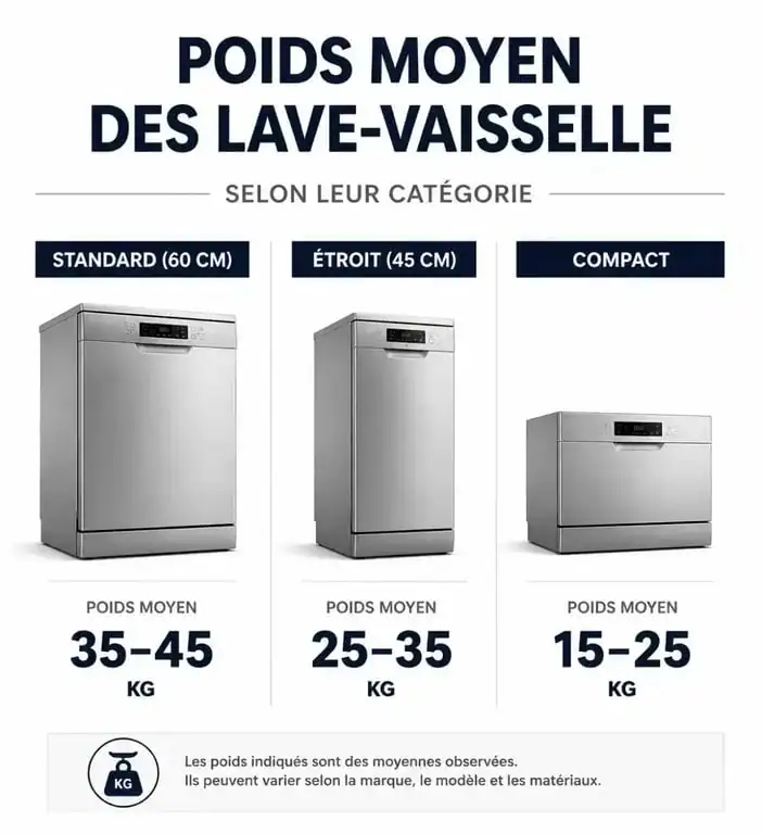 Infographie comparative du poids moyen d'un lave-vaisselle selon sa taille et son type pour faciliter le transport et l'installation.