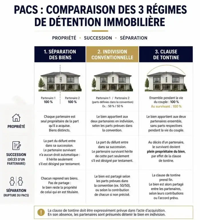 Comparatif des régimes de détention immobilière pour un couple pacsé : séparation, indivision et tontine pour un achat immobilier.