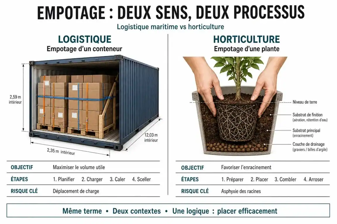 Infographie comparative illustrant l'empotage logistique et l'empotage horticole