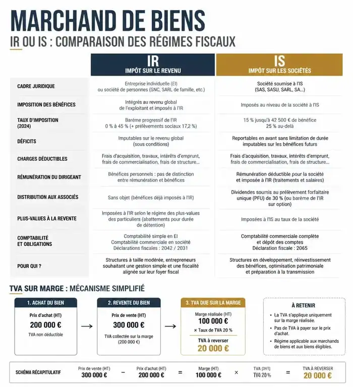 Infographie sur la fiscalité du marchand de biens : comparaison IR vs IS et mécanisme de la TVA sur marge