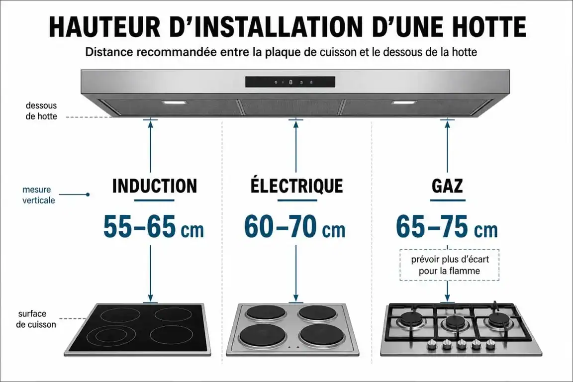 Infographie des hauteurs recommandées pour l'installation d'une hotte au-dessus d'un plan de travail et plaque de cuisson
