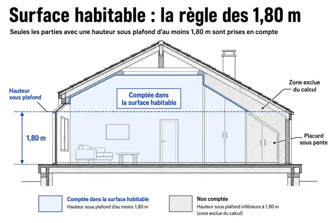 Schéma explicatif du calcul de la surface habitable avec placard et hauteur sous plafond de 1,80m