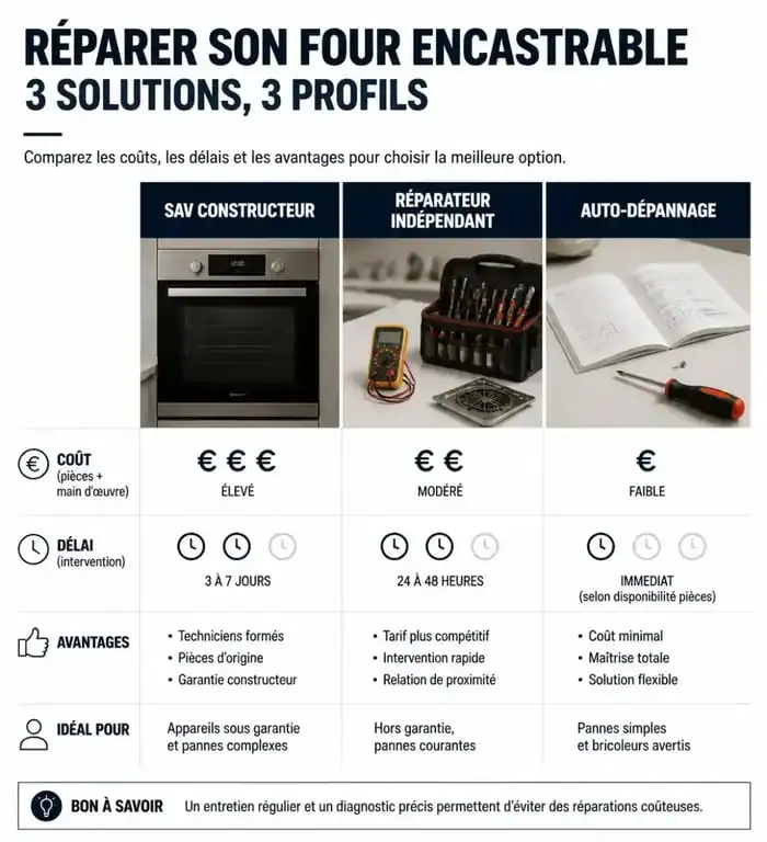 Infographie comparative des solutions de réparation pour four encastrable : coûts et délais