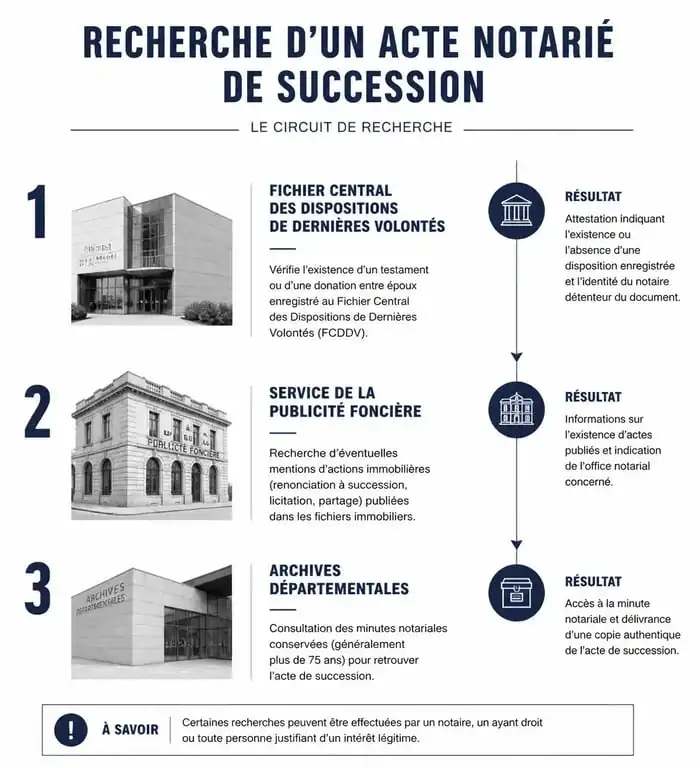 Schéma des étapes pour retrouver un acte notarié de succession
