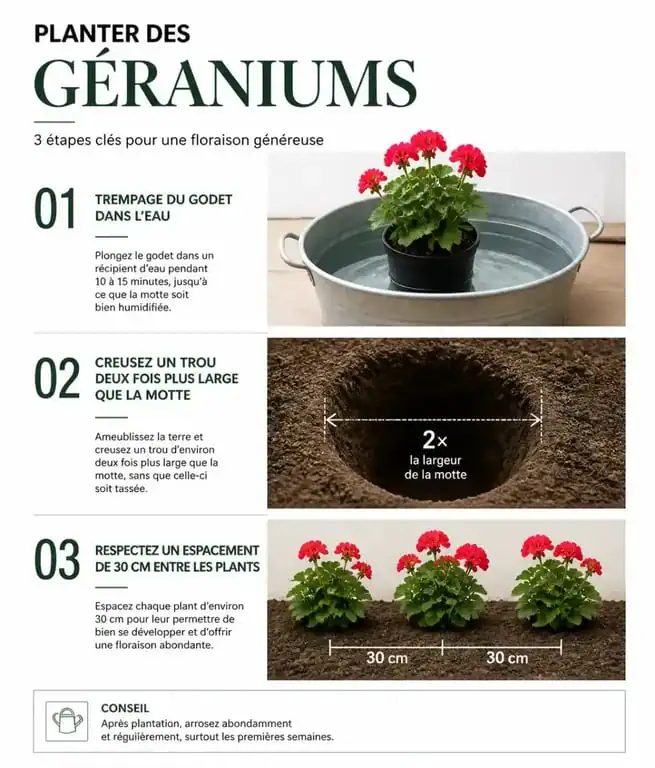 Étapes illustrées pour réussir la plantation des géraniums et quand planter ses géraniums