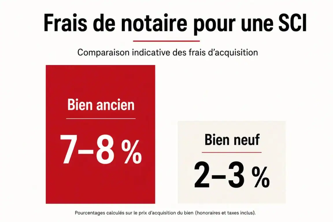 Infographie comparative des frais de notaire pour une SCI entre immobilier ancien et neuf