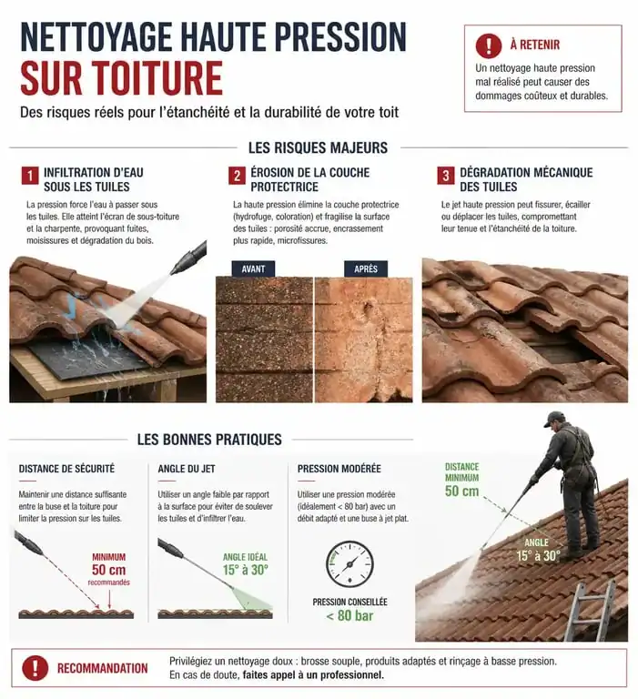 Infographie des risques et bonnes pratiques pour le nettoyage de toiture au Karcher
