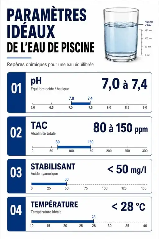 Tableau des paramètres chimiques idéaux pour traiter l'eau verte d'une piscine