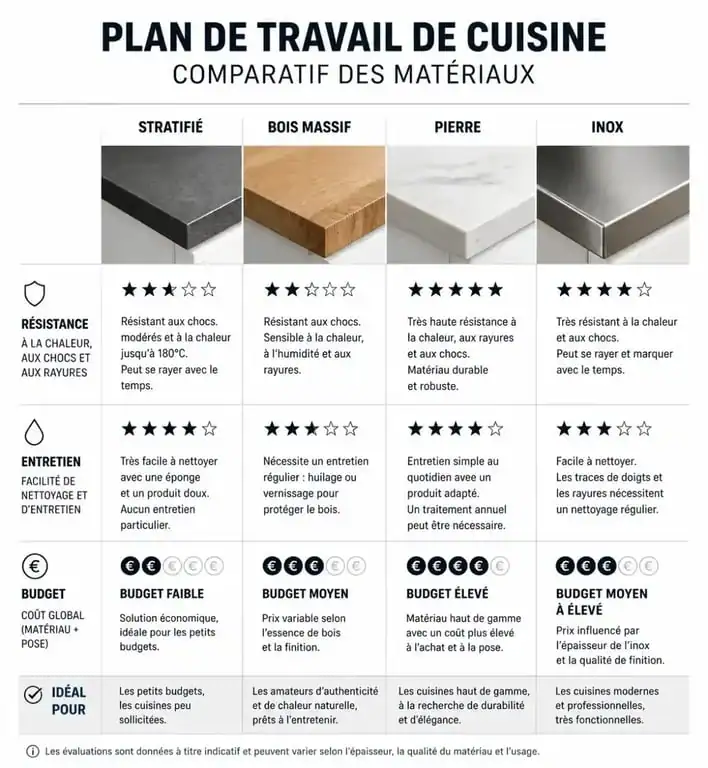 Comparatif des matériaux pour plan de travail 80 cm de profondeur : stratifié, bois massif, pierre et inox.