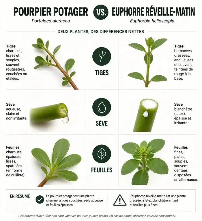Infographie comparative entre le pourpier comestible et l'euphorbe toxique pour éviter les erreurs de récolte