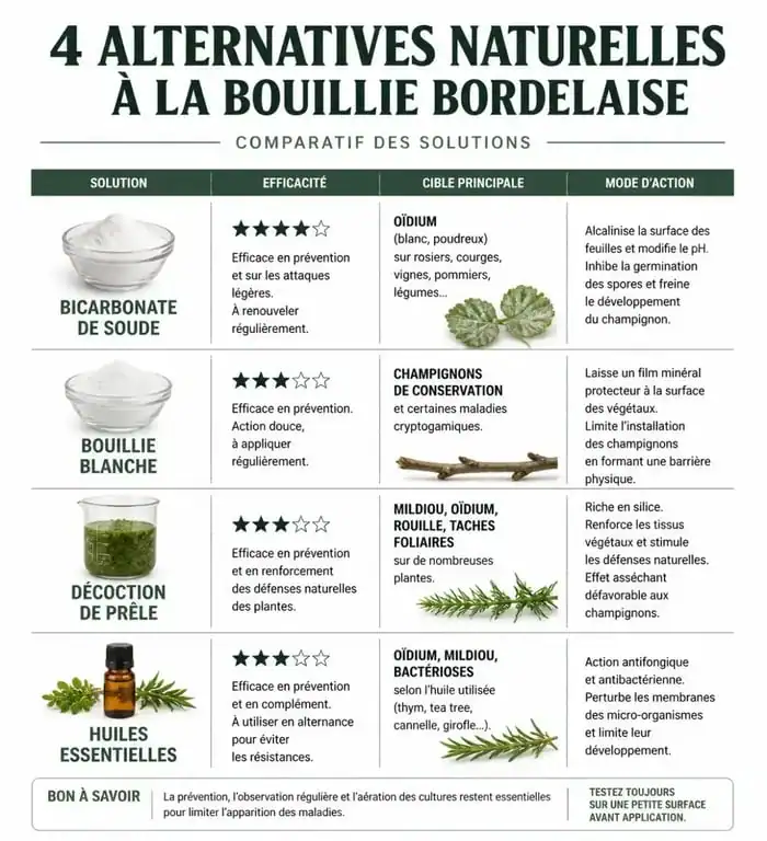 Infographie comparative des alternatives naturelles à la bouillie bordelaise pour le jardin