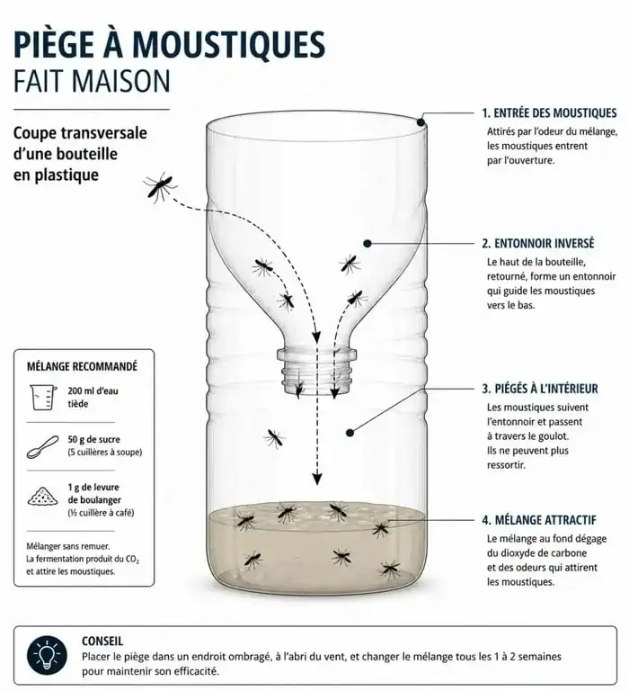 Schéma de fabrication d'un piège à moustiques maison avec une bouteille en plastique
