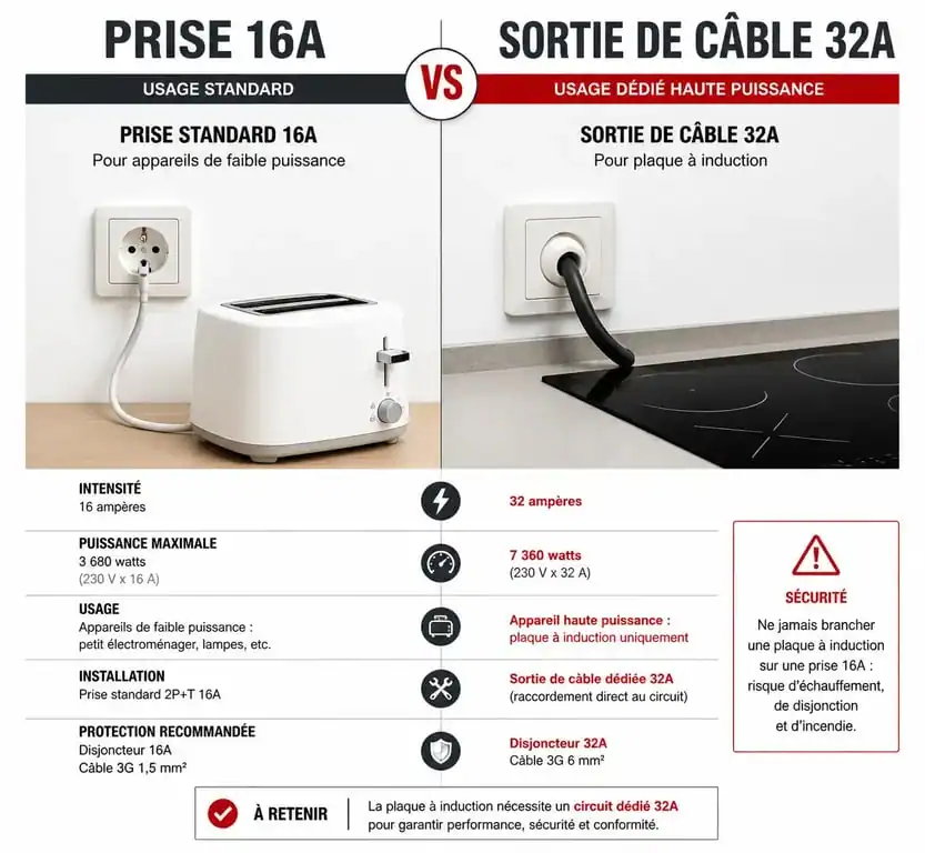 Schéma comparatif des branchements pour plaque à induction sur prise normale ou circuit 32A